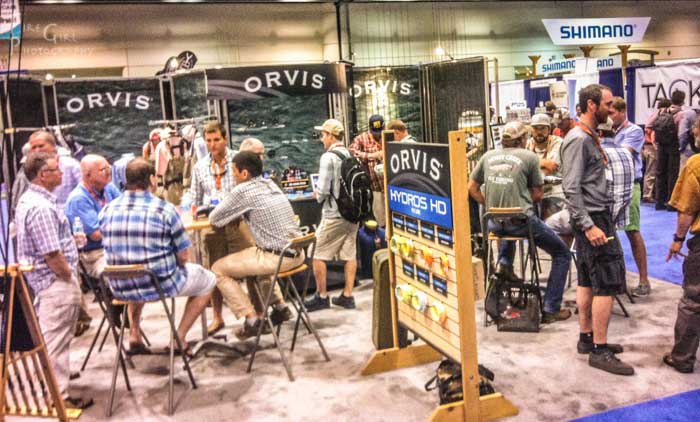The Orvis booth was a continual hub of activity. Here, Headhunter’s John Arnold and the Mossy Creek Fly Fishing crew add some class to the booth.