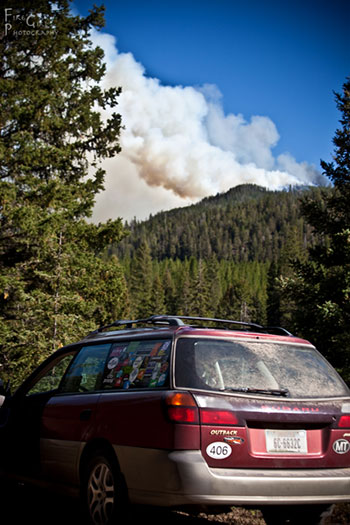 Keep your gear handy—it doesn’t do you any good if it’s sitting at home. This was the day the Millie Fire ran, in the Gallatin Mountains a few summers ago. Jake and I were up nearby logging roads target shooting, and happened to be in the vicinity as the fire blew up. I got the shots before the Forest Service could close the road, and had the top fold image on the local paper the next day, and a contract to cover the fire for the duration. Couldn’t have done it if the camera wasn’t present.